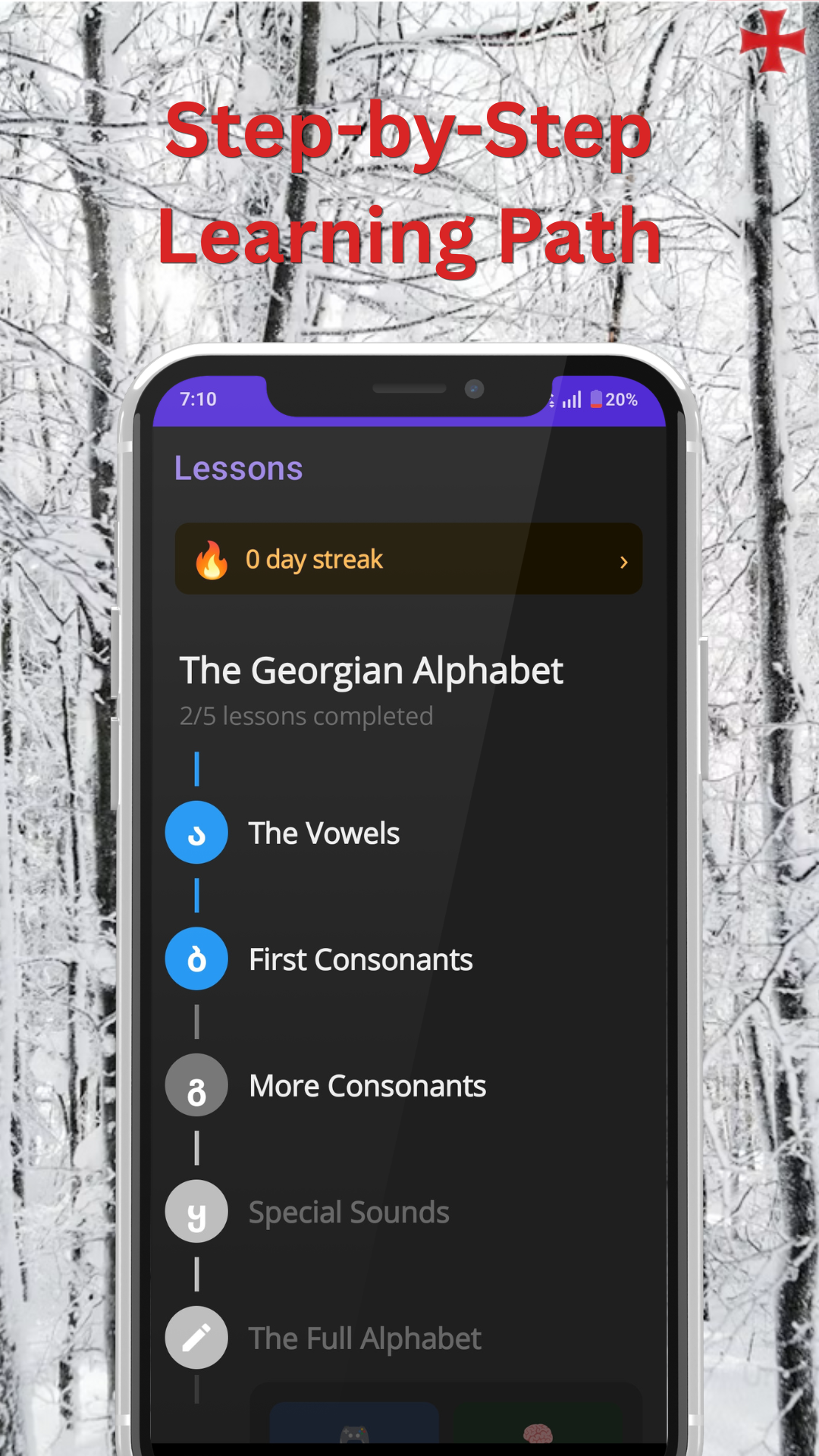 Georgian alphabet lesson list showing step-by-step learning path